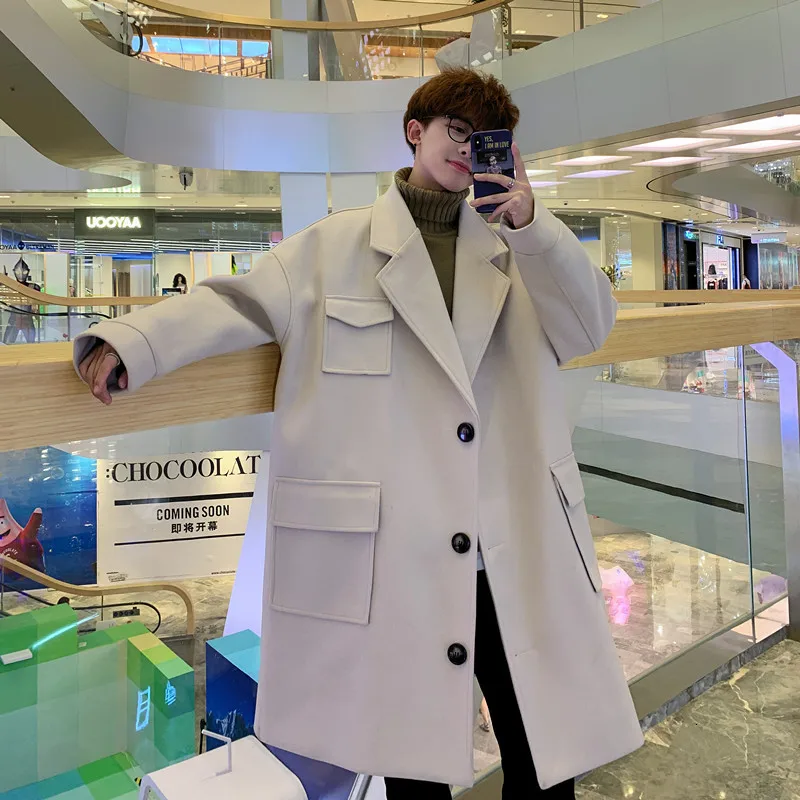 

Winter Long Woolen Coat Men Fashion Overcoat Solid Color Multi-pocket Woolen Coat Man England Wind Casual Woolen Jacket Men