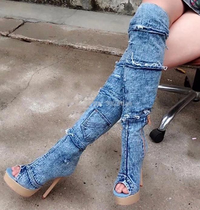 Botas de mezclilla con punta abierta para mujer, rasgados de Stiletto de tacón alto y plataforma fina, impermeables, novedad de otoño, 2021|Botas hasta la rodilla| - AliExpress