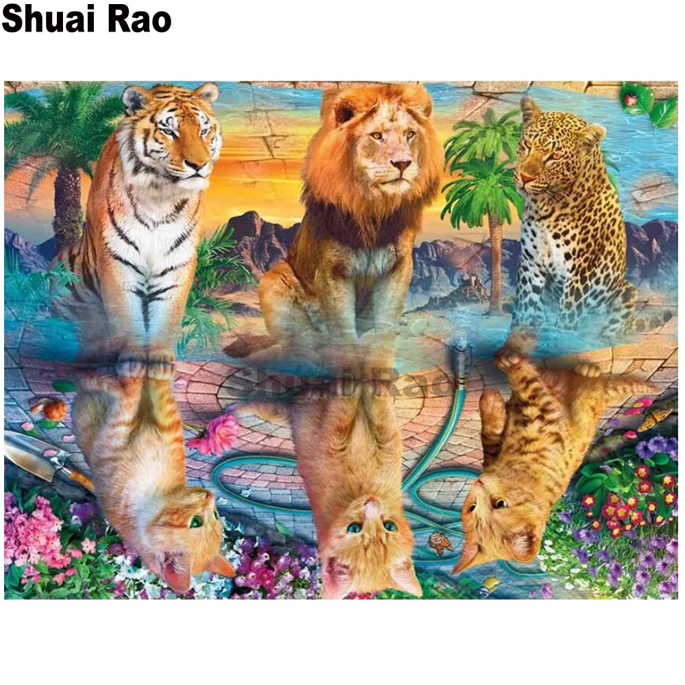 tiger lion leopard Reflection cat diamond embroidery 5D DIY full painting square round drill 3d rhinestone mosaic animal | Дом и сад
