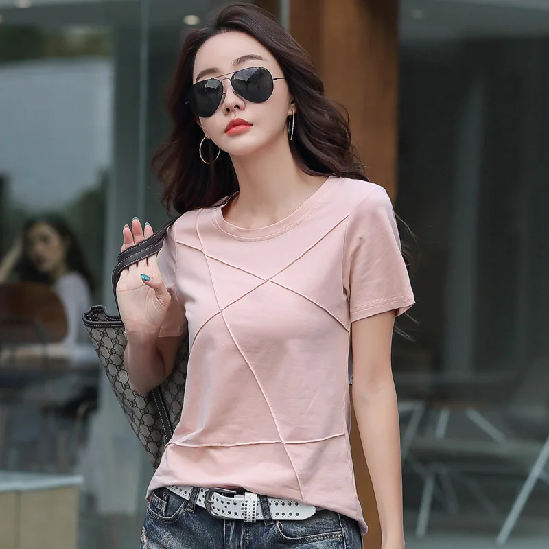 

Летняя футболка, женские топы, футболки, женская футболка с коротким рукавом, однотонные хлопковые футболки для женщин, Повседневная футболка в Корейском стиле