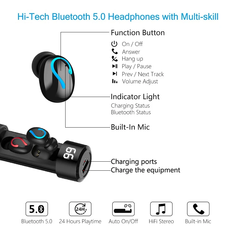 TWS настоящие беспроводные наушники HiFi Bluetooth наушники 6D шумоподавление Музыкальная гарнитура с светодиодный дисплей Беспроводная bluetooth-гарнитура