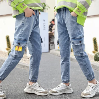 

INS hot girls jeans 4-13 years old Cotton washed kids jeans Korean Yellow label pocket overalls girls pants jeans for baby girl