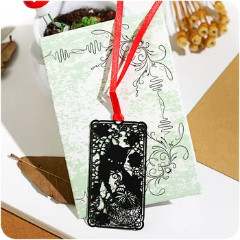 

6pcs Chinese Classical Paper-cutting Art Bookmarks Set Elegant Red Rope Black Cat Metal Bookmark Gift Office School Supply H6927