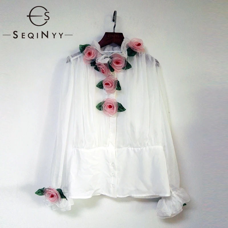

SEQINYY Runway Shirt 2020 Summer Spring New Fashion Design Women Appliques Flowers Beading Green Chiffon White Loose Blouse