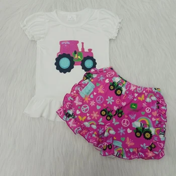 

Baby Girls Tractor Print White Shirts Kids Puff Short Sleeve Top Pink Cute Ruffle Shorts Outfits Summer New Style Child Clothes