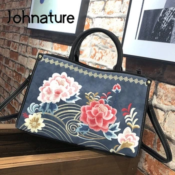

Johnature 2020 New Handmade Embroidery Leather Handbag Retro Women Bag Leisure Large Capacity High Quality Lady Shoulder Bags