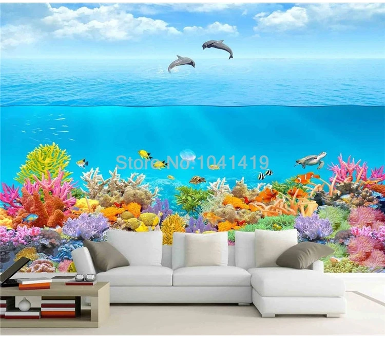 ПВХ самоклеющиеся водонепроницаемые обои 3D подводный мир Дельфин Коралл детские настенные наклейки для спальни, ванной Papel De Parede 3 D