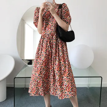 

2020 Vintage Red Square Collar Cherry Print Dress Women Fashion Summer Printed Puff Sleeve High Waist A Line Ladies Dresses