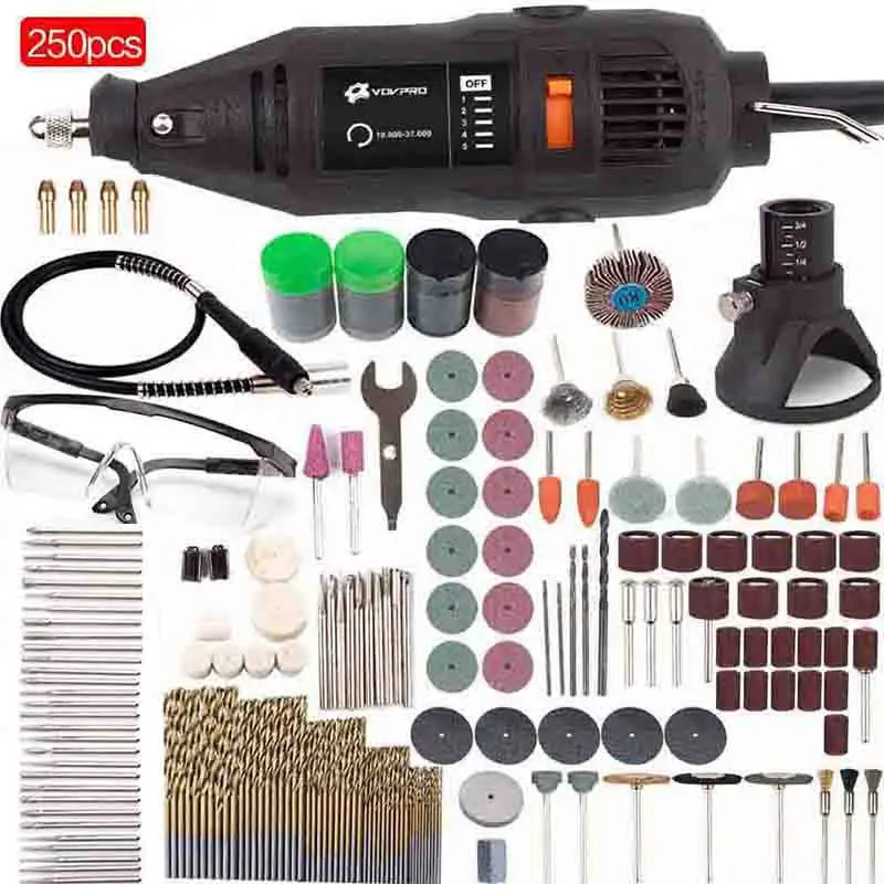 Black 250PCS 110 V/220 V Mini ДРЕЛЬ Dremel электродрель инструменты с гибким аксессуары для валов сверло Мощность инструменты гравер роторный электроинструмент - Цвет: Black 250PCS