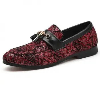 

37~48 Large Sizes Crocodile Men Shoes Fringed Loafers Pointed Toe Slip On Dress Wedding Shoes Red Mens Flat Tassel Leather Shoes