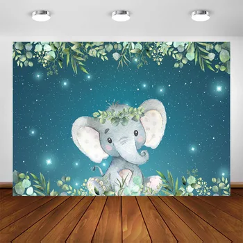 

Elephant Baby Shower Backdrop Boy Elephant 1st Birthday Background Green Leaf Blue Elephant Star Birthday Party Backdrops