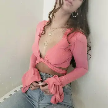 

Sexy Solid Cross Strap Deep V Neck Crop Top Women Streetwear Fashion Long Sleeve T Shirt