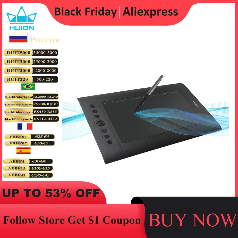  Цифровые графические планшеты Huion H610 PRO V2, планшет для дизайна и рисования, художественных работ, чертежный планшет, функция наклона, па…