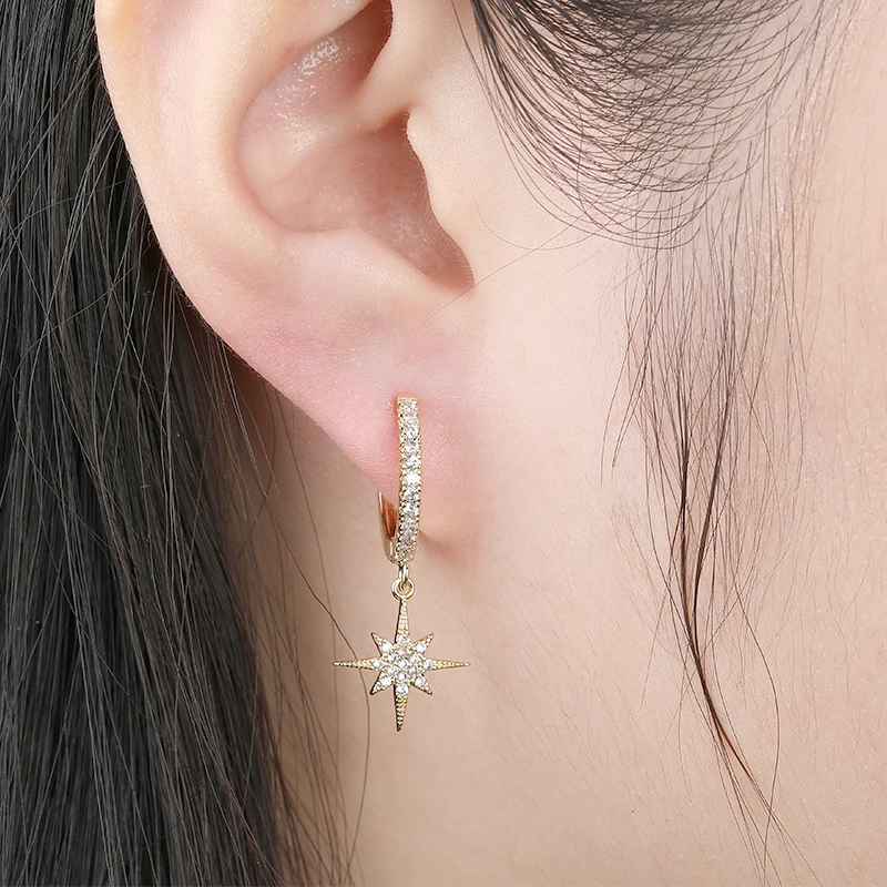 Трендовые кубические циркониевые Звездные лунные серьги-кольца, роскошные золотистого и серебристого цвета ассиметричные серьги для женщин, корейские ювелирные изделия