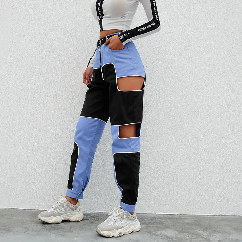 JIEZuoFang Women Harajuku Streetwear High Waist Zipper Harem Pants Hollow Out Patchwork Pants Summer Fashion Joggers Sweatpants