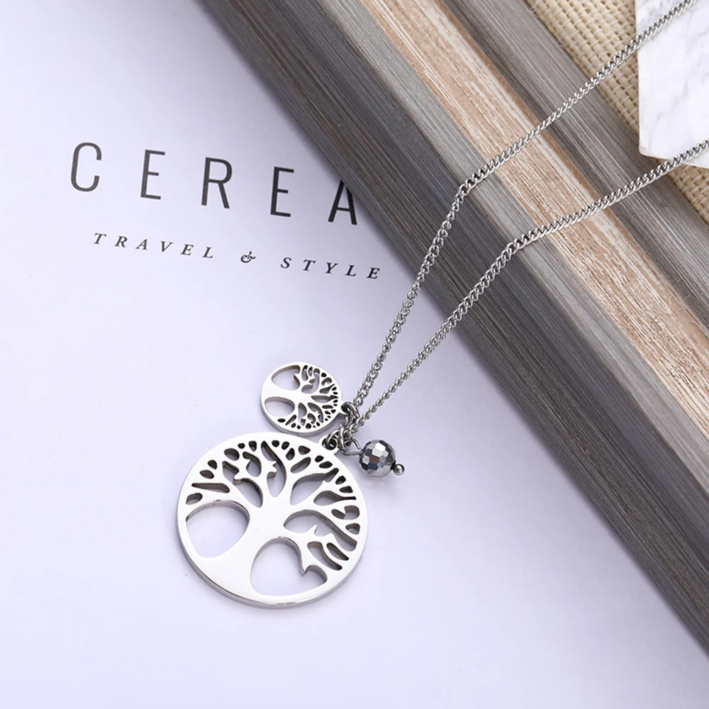 

Elegant Round Small Silver Stainless Steel Tree Of Life Pendant Necklace Women Accessories Long Sweater Choker Bijoux Collier