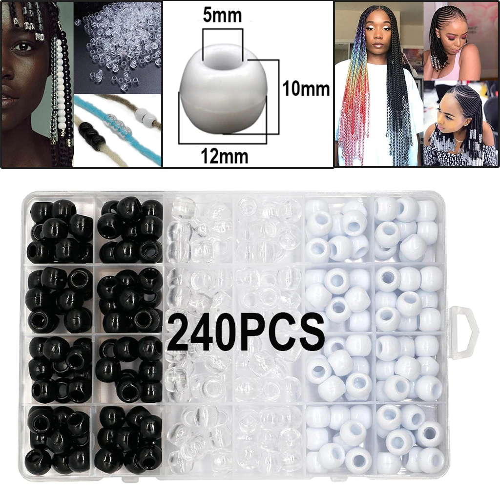 1Box Assorted DIY Craft Beads, 240 Pcs Mixed Color Clear White Black Round Pony Beads 12x10mm Hair Braid Dreadlocks Beads