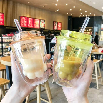 

Korea Creative Cat's Paw Plastic Bottle Double Anti-scald Straw Coffee Cup 240ml Household Milk Breakfast Mugs Travel Juice Cups