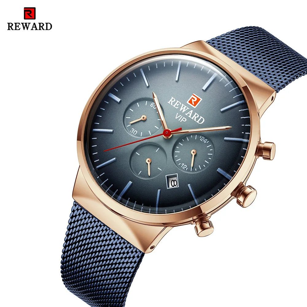 

REWARD Fashion Business Men's Watches Stainless Steel Mesh Belt Quartz Wrist Watch Waterproof Chronograph With Luminous Pointer