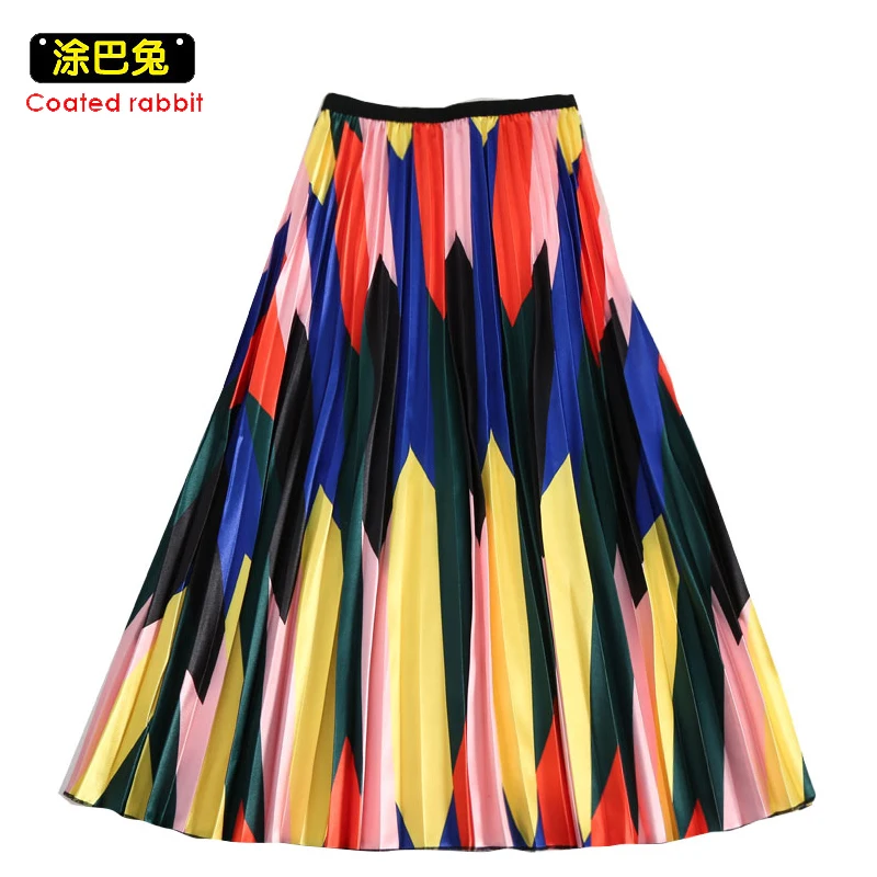 

CR Spring Autumn Women Skirt Vintage Colorful Printed High Waisted A-line High Street Pleated Swing Midi Party Skirts