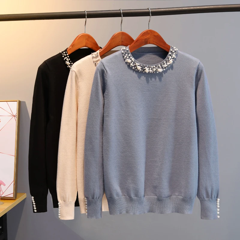 

Elegant sweater Autumn Winter Women Beaded Sweater 2019 Jumper Top Loose Casual Warm Femme Sweater knitting oversized shirt