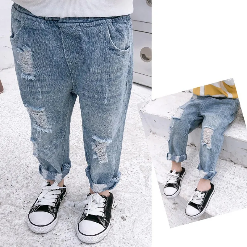 

Children Boys Girls Ripped Hole Jeans Fashion Teens Light Blue Slim Denim Pants