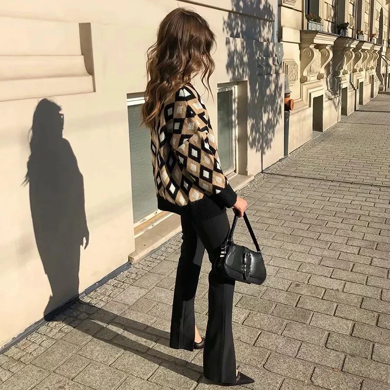 Yojoceli, геометрический, в клетку, вязаный свитер для женщин, v-образный вырез, свободный, Повседневный, уличная одежда, джемпер, пуловер для женщин, вязаные