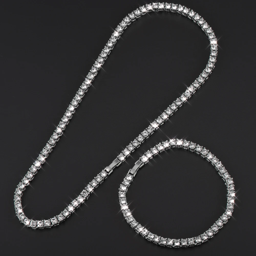 4mm 1 Row Shiny Tennis Chain Necklace Men Hip Hop Iced Out Bling CZ Jewelry Gold Silver Color Charm Gift 2021 | Украшения и