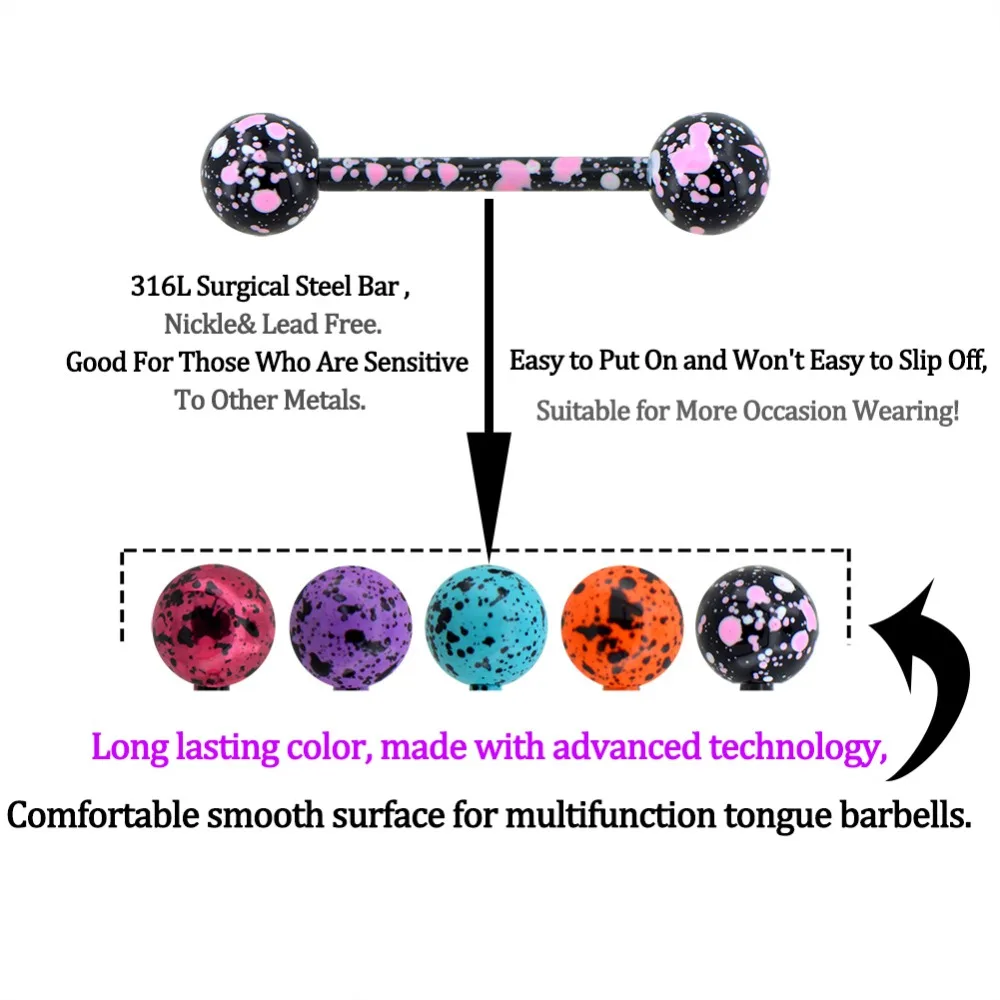 Тело панк 5 шт. spltter шары штанга для языка многоцветные тонужные кольца для женщин 316L нержавеющая сталь бар пирсинг для языка