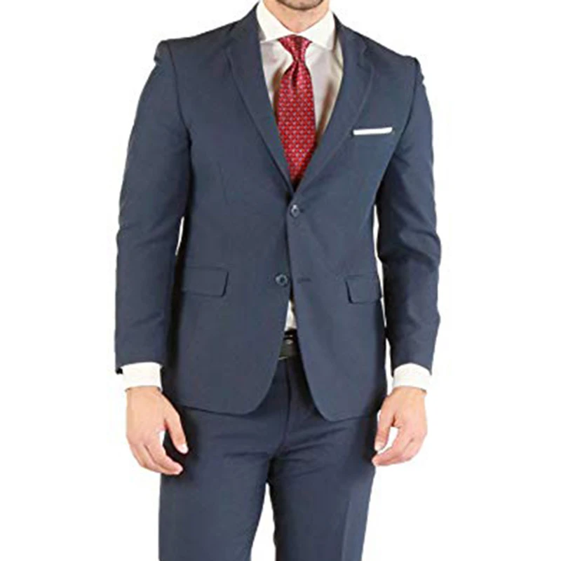 Grey Men Suits Double Breasted 2 Pieces(Jacket+Pants) Peaked Collar Slim Fit Suits for Wedding Dinner Party Tuxedos - Цвет: Navy Blue