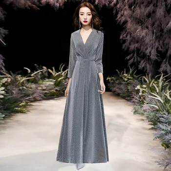 

AE743 Long Evening Gowns Elegant Plus Size Prom Dresses Robe De Soiree 2020 Grey Sexy V-Neck Women Party Dresses