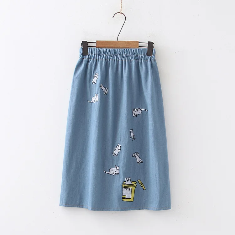 light blue Осенняя джинсовая юбка в консервативном стиле, женская модная эластичная юбка с высокой талией и вышивкой в виде кошек, женская элегантная юбка - Цвет: light blue
