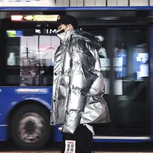 Инс сеть красный прилива серебряная яркая поверхность толстое хлопковое пальто с капюшоном для мужчин и женщин свободный силуэт хлопковое Пальто пуховое пальто