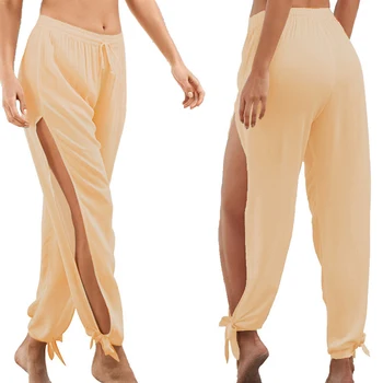

Womens Drawstring Elastic Waist Side Split Harem Pants Wide-Leg Beach Trousers
