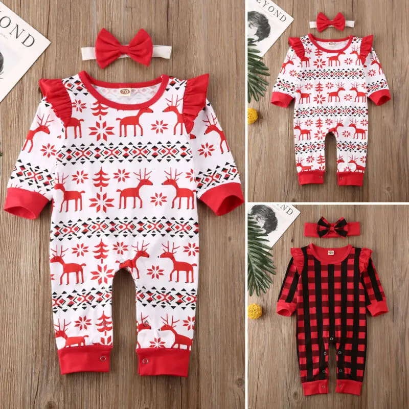 My 1st Christmas/Красный Клетчатый комбинезон с принтом оленя для маленьких девочек, комбинезон, комплект рождественской одежды на возраст от 0 до 18 месяцев