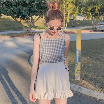 

MATAKAWA Womens Two Piece Sets 2020 Summer Plaid Suspenders Camisole + Fungus High Waist Wide Leg Shorts Casual Pants