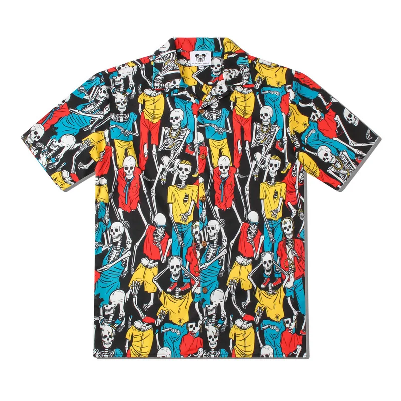 Camisa con estampado creativo de calavera para hombre, ropa de calle con cuello levantado, camisas de Hip Hop hawaianas, Tops de manga corta para playa, 2021