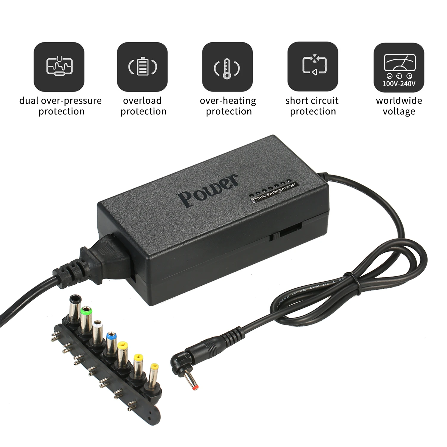 

Universal EU US UK AU plug DC 12V / 15V / 16V / 18V / 19V / 20V / 24V 4.5A 5A Adjustable Power Supply Adapter 8 Detachable Plugs
