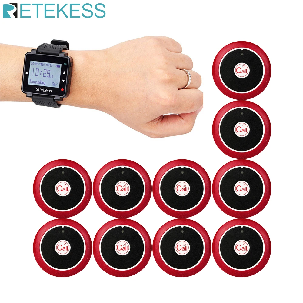

Retekess T128 Watch Receiver + 10pcs Call Button 433MHz Wireless Calling System Waiter Call Pager Restaurant Equipment Cafe Shop