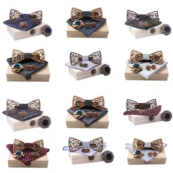 

Wooden Bow Tie Handkerchief Set Men Women Hollow Carved Floral Corsage Cufflinks A0NF