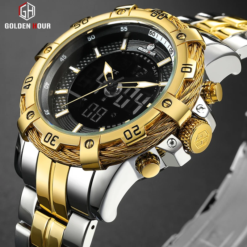 

GOLDENHOUR Mens Digital Analog Watch Luxury Fashion Sport Waterproof Two Tone Stainless Male Watch Clock Relogio Masculino