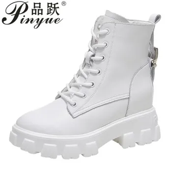 

Round toe chunky heels cross-tied womens ankle boots lace-up female winter fall shoes martin motorcycle Cowhide boots