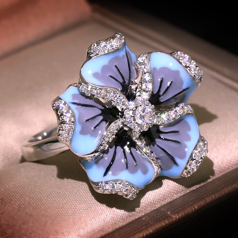 Milangirl Jewelry For Woman Blue Flower Ring Fashion Trendy HANDMADE Enamel Ring fashion rings fashion ring finger rings
