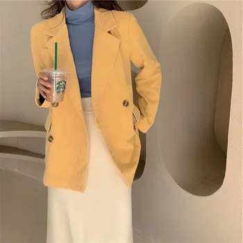 

Hong Kong Women Spring Autumn Long Sleeve Yellow Corduroy Blazer Jacket Coat Lady Double Breasted Solid Color Pocket Overcoat