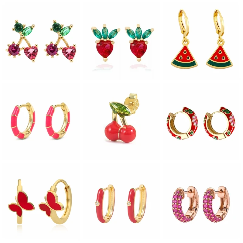 18k Gold Plated Red Enamel Star Fruit Love Butterfly Earrings