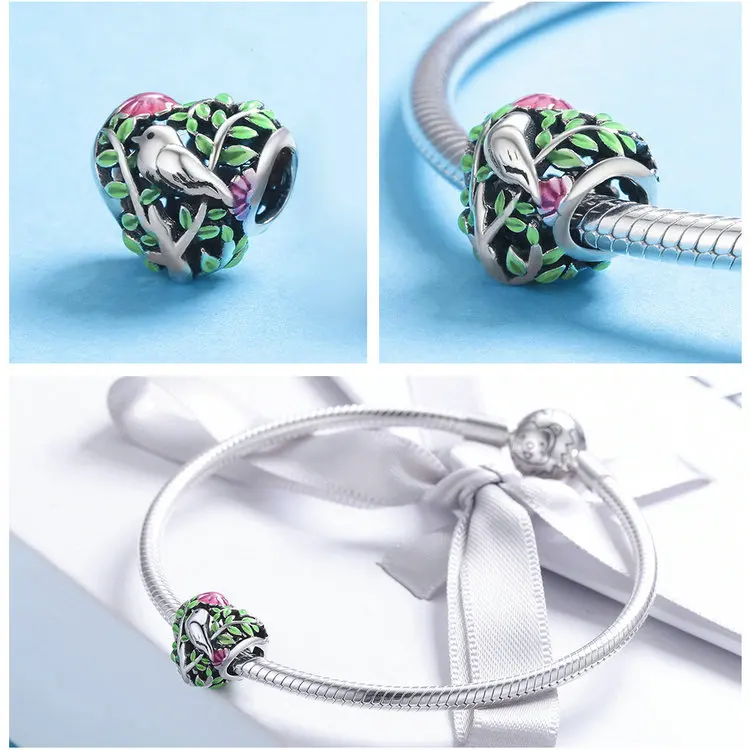 Fit Pandora браслет серебро 925 Оригинальное зеленое дерево птица вишневый цвет бусины в форме сердца цветок куст Titmouse Подвески DIY ювелирные изделия