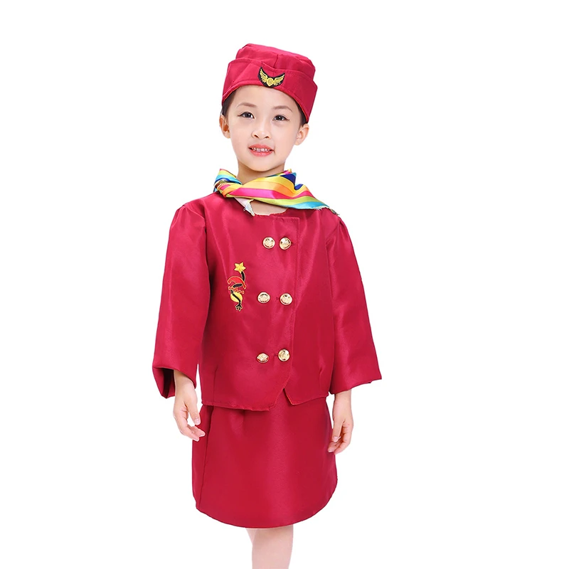 

Halloween Cosplay Kid Clothes Girls Flight Attendant Uniform Matching scarves 4T-6T Carnival Role Play Girl Prom Gown Costume