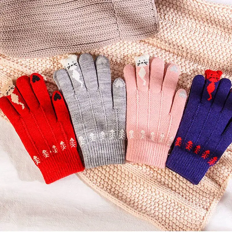 Winter Warm Cartoon Touchable Screen Gloves for Women GilrlsFull Finger Knitted warm Mittens