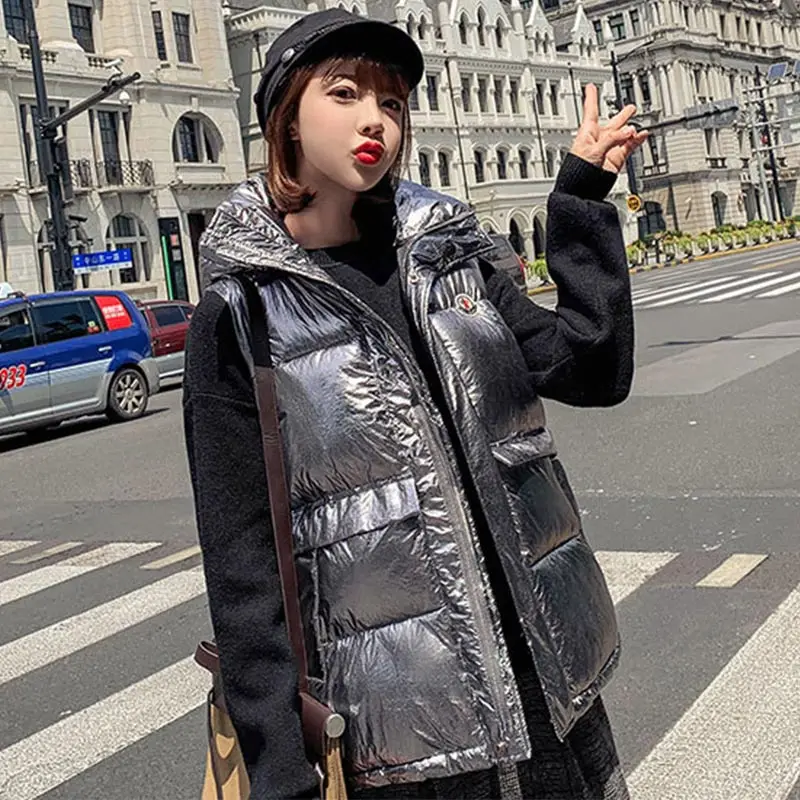 Harajuku вниз хлопок без рукавов короткий жилет Женское пальто зима осень серебро яркий цвет с капюшоном жилеты Женский Уличная верхняя одежда YL343