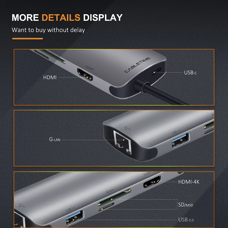 Кабель USB C HDMI кабель type C к HDMI SD концентратор адаптер USB-C HDMI конвертер type-C Thunderbolt 6 в 1 для MacBook huawei C041